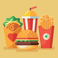Illustrate a set of realistic fast-food icons—burger, fries, soda, pizza slice—with appealing shading and vibrant colors for menus or food apps.