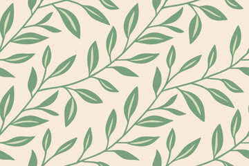 Seamless pattern with vintage floral decoration, green leaves, and delicate flowers on a white backdrop