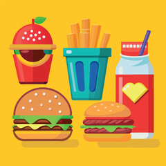 Illustrate a set of realistic fast-food icons—burger, fries, soda, pizza slice—with appealing shading and vibrant colors for menus 