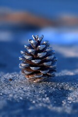Close-up of a pine cone on frosty ground