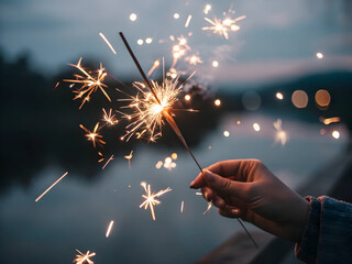 Hand holding sparkler with bright sparks flying against a dark blurry background image