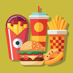 Illustrate a set of realistic fast-food icons—burger, fries, soda, pizza slice—with appealing shading and vibrant colors for menus or food apps.