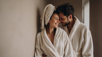 Couple Embracing in Spa Joyful Moment, Wrapped in Comfort and Tranquility