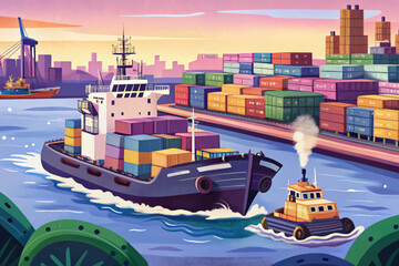Tugboat guiding large cargo vessel into busy harbor, maritime teamwork scene wallpaper cartoon