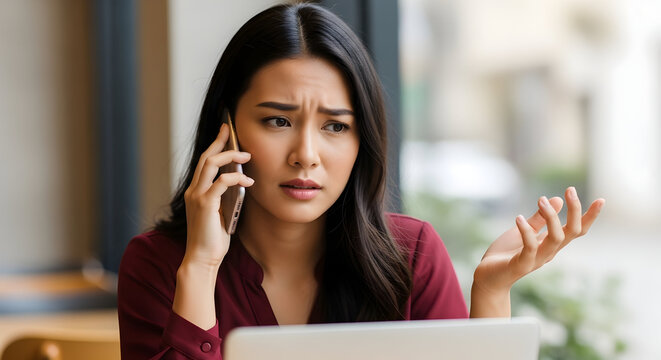 Worried businesswoman on phone call stressed business problem solving difficulties laptop cafe