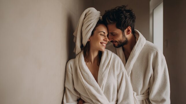 Couple Embracing in Spa Joyful Moment, Wrapped in Comfort and Tranquility