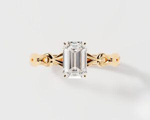 Gold Baguette Diamond Ring Isolated On White Background 3D Rendering	

