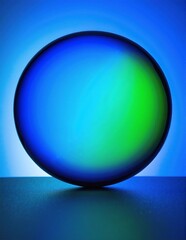Obraz premium A vibrant blue and green sphere rests atop a polished wooden table, casting soft shadows and reflecting light, creating a striking focal point.