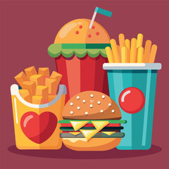 Illustrate a set of realistic fast-food icons—burger, fries, soda, pizza slice—with appealing shading and vibrant colors for menus or food apps.