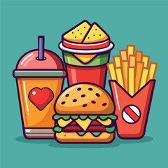 Illustrate a set of realistic fast-food icons—burger, fries, soda, pizza slice—with appealing shading and vibrant colors for menus or food apps.