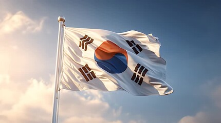 South Korean Flag Waving Proudly Under a Clear Blue Sky