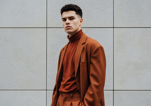 Stylish young man in terracotta suit posing against modern building wall urban fashion menswear autumn winter style contemporary clothing