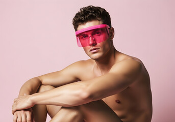 Summer fashion young man pink visor sunglasses model attractive male portrait studio shot