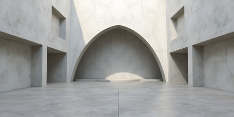 3d render of abstract modern concrete architecture with empty cement floor, minimal exterior, car presentation background