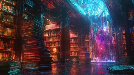 Obraz premium Intricate, glowing library interior with a vibrant waterfall.