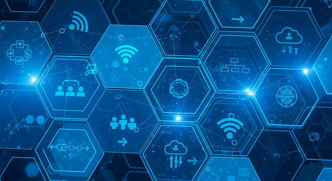 Abstract blue hexagonal grid displaying glowing technology icons representing connectivity and digital data flow