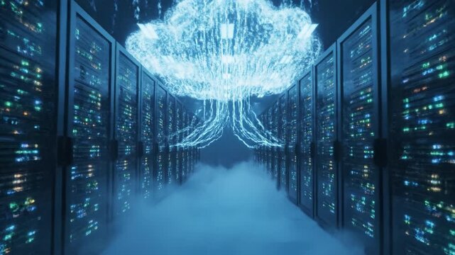 Glowing Digital Cloud Above Futuristic Server Room Symbolizing Cloud Computing, Data Storage, and Innovation in High Tech Digital Technology Atmosphere