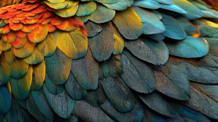 Close-up of vibrant blue, yellow, and green macaw feathers with intricate patterns