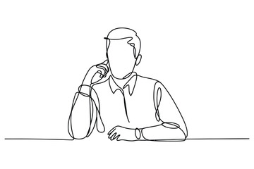  One line drawing of a thoughtful man sitting. Contemplation and thinking concept.
