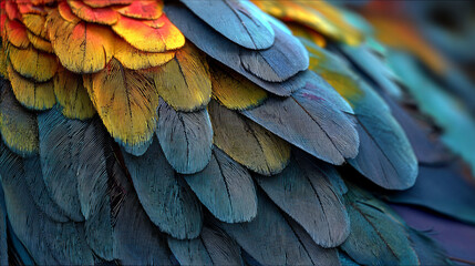 Fototapeta premium Close-up of vibrant blue, yellow, and green macaw feathers with intricate patterns