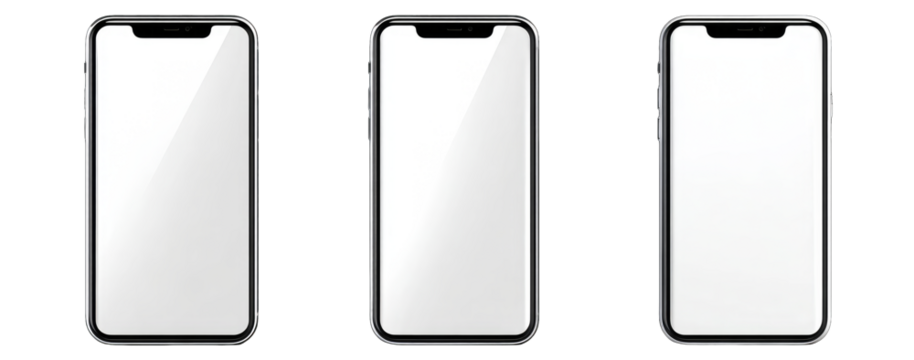 Three smartphone displays with dark gray frames