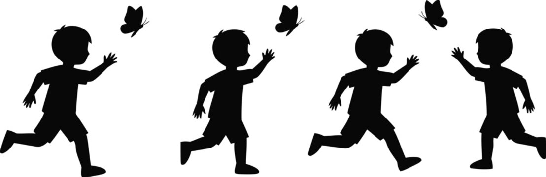  Boy Chasing Butterfly Silhouette Icon Vector Set - Nature Exploration and Childhood Fun
