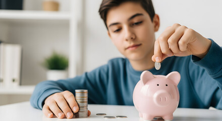 Teenage boy saving money piggy bank financial goals future planning responsible spending childhood finance education learning kids money management saving coins investments
