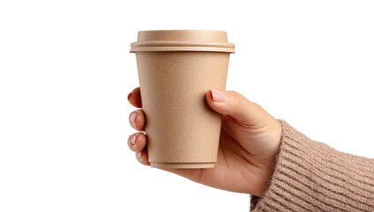 A hand holds a light brown disposable coffee cup (1)