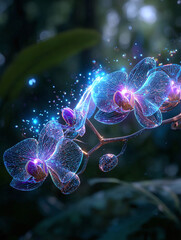 Obraz premium Magical Bioluminescent Orchids Glowing in a Dark Fantasy Jungle Environment