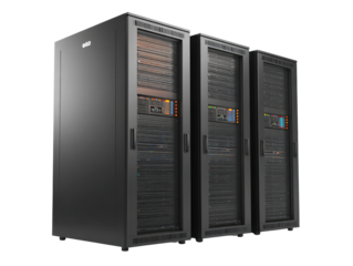 Three dark gray server cabinets, side view, with numerous internal components visible through glass panels