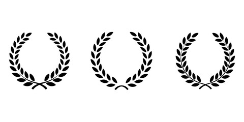 Circular laurel wreath Icon elegant foliate vector symbol.eps, Set of black silhouette circular laurel foliate, wheat and oak wreaths depicting an award, achievement, heraldry, nobility on white.