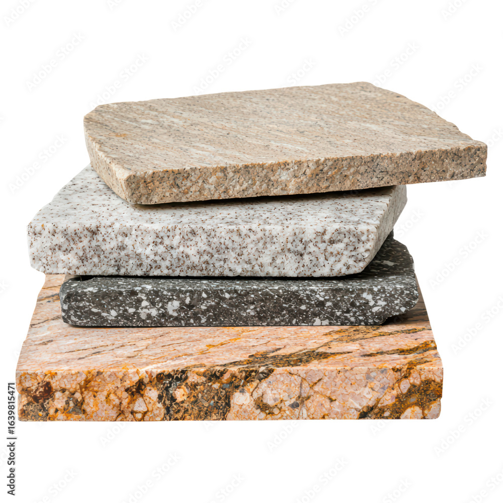 Poster close-up view of varied natural stone textures and patterns, isolated on transparent background.