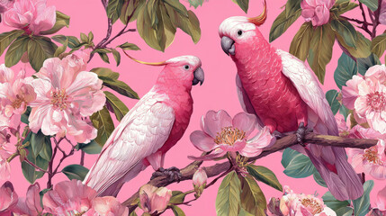 Tropical seamless floral pattern with exotic parrots and pink cockatoos on tree branches, surrounded by vintage leaves and flowers, nature illustration for summer textiles, wallpaper, and Hawaiian des