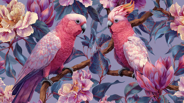 Tropical seamless floral pattern with exotic parrots and pink cockatoos on tree branches, surrounded by vintage leaves and flowers, nature illustration for summer textiles, wallpaper, and Hawaiian des