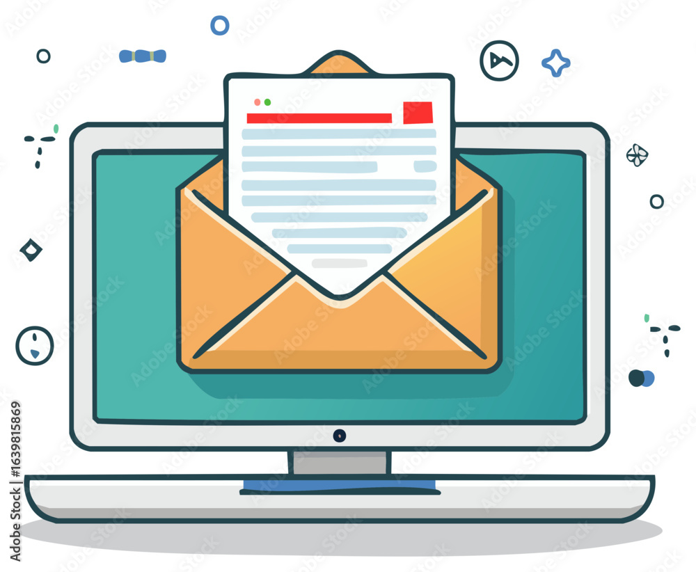 Poster digital communication concept with an email message and envelope on a modern laptop computer screen