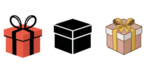 Gift Box with ribbon, black gift box silhouette icon vector illustration white background, Gift box icon. Gift wrapping symbol. Surprising gift box signs, vector illustration, Bright golden gift box