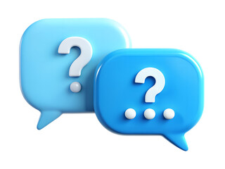 Two blue speech bubbles with question marks, isolated on transparent background