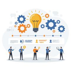 An illustration of an innovation process with people collaborating around a lightbulb and gears.
