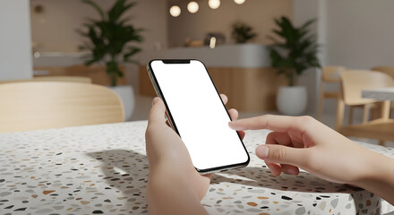Person using smartphone with blank screen in modern cafe setting hands technology mobile app display internet communication device screen