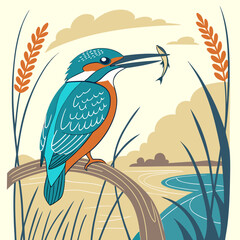 Vibrant kingfisher holding a small fish in its beak, showcasing striking colors and wildlife beauty.