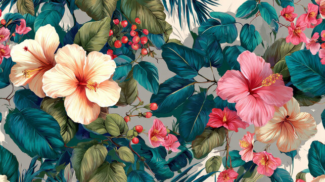 Vintage seamless tropical summer pattern with trendy floral design in high resolution for fabric print or wallpaper background