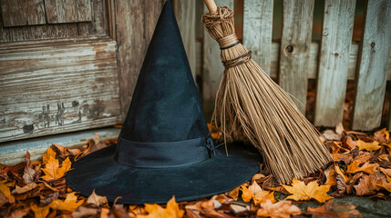 Classic Black Witch Hat and Weathered Broom Resting Against a Rustic Wooden Door With Autumn Leaves Scattered Around