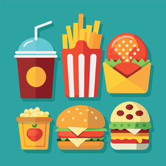 Illustrate a set of realistic fast-food icons—burger, fries, soda, pizza slice—with appealing shading and vibrant colors for menus 