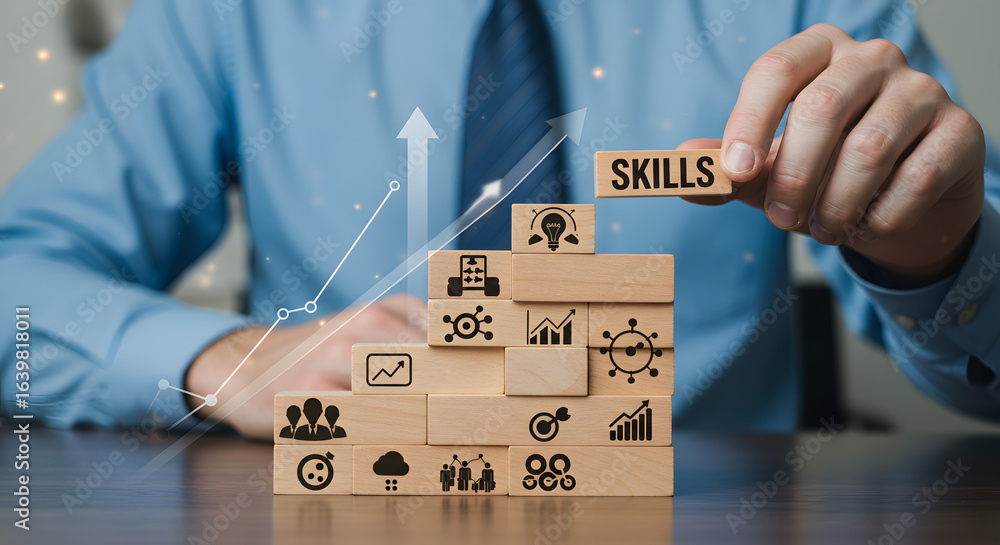 Poster man placing skills block on wooden blocks with icons representing business growth and development