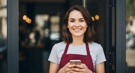 Smiling young female cafe owner using smartphone happy customer service small business entrepreneur coffee shop barista shop owner mobile technology