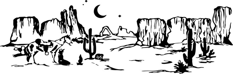 abstract design of American wild west desert with cowboys - hand drawn Black illustration. Ilustraciones del viejo oeste. PNG.JPG. VEKTOR