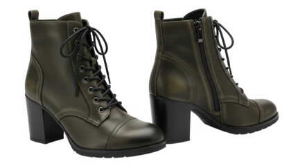 Olive green heeled combat boots isolated on transparent background