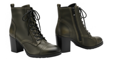 Olive green heeled combat boots isolated on transparent background