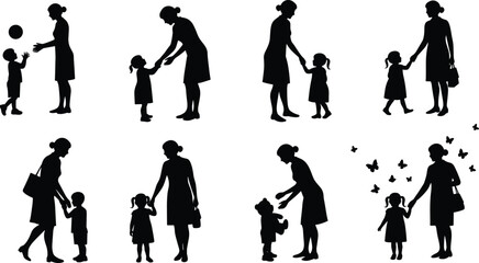 Mother and child silhouettes playing together, loving mom, family bonding moments, parent with kids, childcare joy, mother holding hands, tender love, parenting, happy family scene.