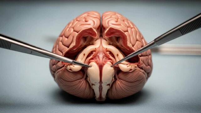 Detailed Examination of Human Brain Model with Surgical Tools, Medical Precision and Anatomical